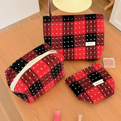 Borsa Per Trucco In Stile Britannico Vintage A Quadretti E Pois Organizzatore Da Viaggio Portatile Tessuto Jacquard Fodera In Tela