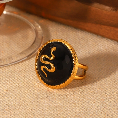 Retro Luxury Snake Ring Stainless Steel Black Enamel Embossed Open Adjustable Finger Jewelry For Women