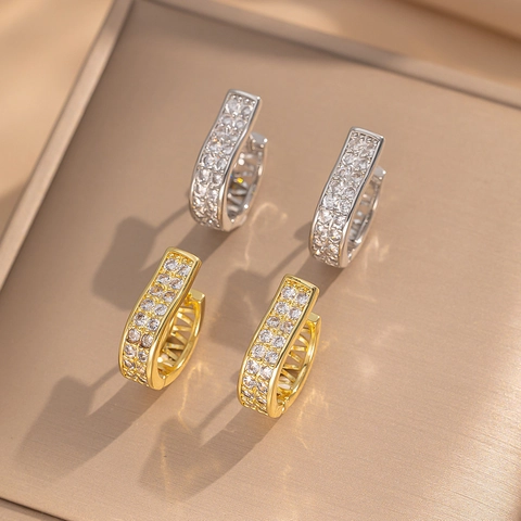 Dubbele Rij Zirkonia Huggie Hoop Oorbellen Goud Verguld Koper Luxe Minimalistische Sieraden Voor Dames