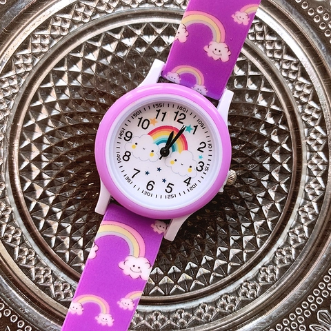 Süße Cartoon Regenbogen Wolke Druck Kinder Uhr Silikon Armband Analog Quarz Armbanduhr Für Kinder Mädchen Geschenk