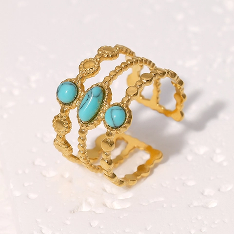 Anillo De Acero Inoxidable Vintage Con Turquesa Banda Abierta Ajustable Multicapa Chapado En Oro Estilo Bohemio Mujer