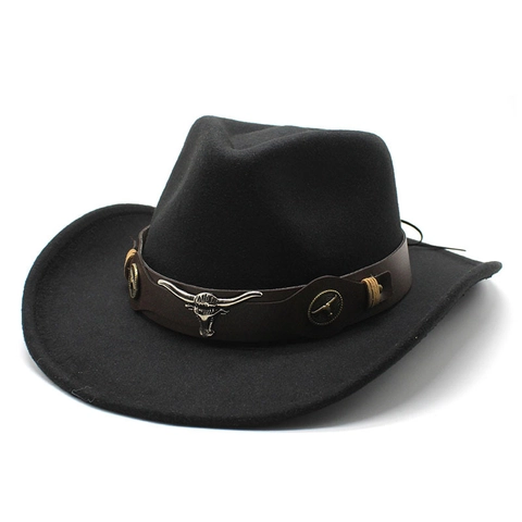 Chapeau Cowboy Western Feutre Laine Large Bord Fedora Avec Bande Cuir Tête De Taureau Métal Style Ethnique Homme Femme