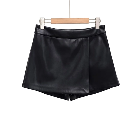 Jupe Culotte En Simili Cuir Taille Haute Fendue Asymétrique Mini Jupe Short Pour Femme Sexy Coupe Ajustée PU