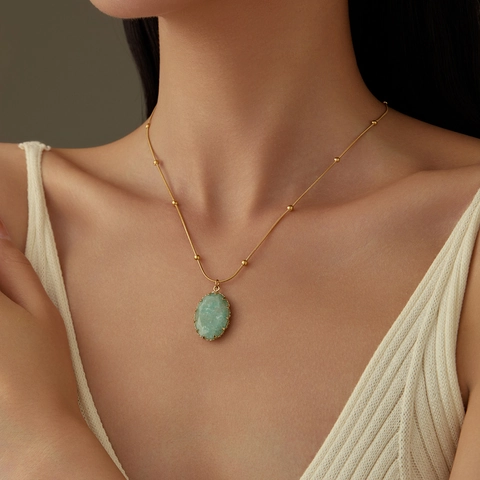 Collar Con Colgante De Acero Inoxidable Piedra Natural Lujo Vintage Chapado En Oro 18K Cadena Clavícula Mujer