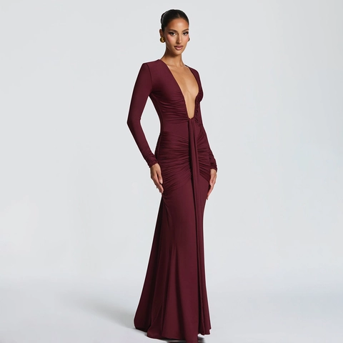 Abito Maxi Sexy Con Scollo A V Profondo Elegante Abito Da Sera Bodycon A Maniche Lunge Sirena Con Fascia Vita Alta