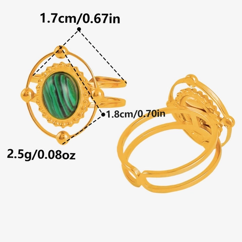 Bague Ouverte Vintage En Acier Inoxydable 304 Pour Femme Ajustable Pierre Imitation Ovale Malachite Turquoise Bijoux