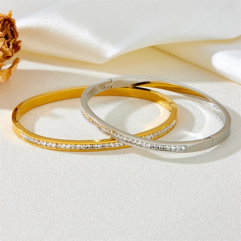 Brazalete De Acero Inoxidable Para Mujer Con Fila Completa De Piedras De Circonita Cúbica Cuadrada Lujo Pulido