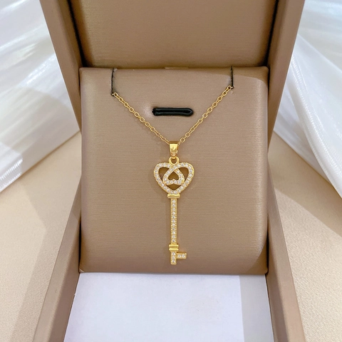 Heart Key Pendant Necklace Stainless Steel Chain Copper Micro Inlaid Rhinestone Luxury Elegant Jewelry For Women