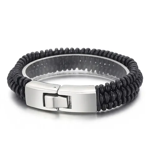 Men Woven Leather Bracelet With Stainless Steel Spring Snap Buckle Braided Cowhide Cord Trendy Punk Jewelry For Male