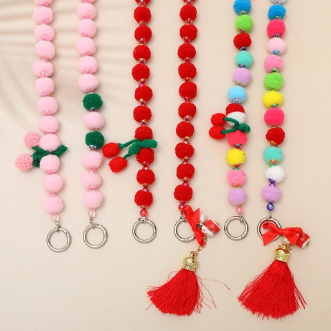 Tracolla Lunga Di Perline Con Palline Di Peluche E Ciliegie All Uncinetto Cordino Per Telefono Catena Per Borsa Da Donna