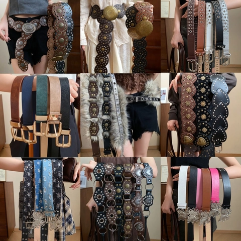 Cintura Bohemienne Vintage Donna Pelle PU Fibbia Lega Catena Vita Decorativa Punk Borchie Strass Accessorio Moda Y2K