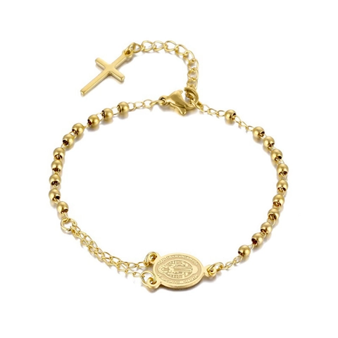 Pulsera De Cuentas Medalla San Benito Colgante Cruz Acero Inoxidable Chapado En Oro 18K Joyería Religiosa Retro Para Hombres Mujeres