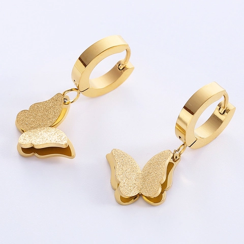 Orecchini Huggie Hoop A Farfalla Acciaio Inossidabile 316L Placcato Oro 18K Satinato Doppia Farfalla Per Donna