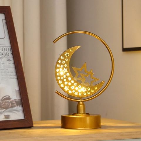 Lampada Da Tavolo Cava Luce Notturna Decorativa In Ferro Con Stella Lunare A LED Per Ramadan Natale Festival Casa Ornamento Da Scrivania Bianco Caldo