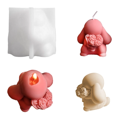 Big Ear Rabbit Holding Flower Silicone Mold 3D Animal Bouquet Scented Candle DIY Plaster Ornament Handmade Craft Tool