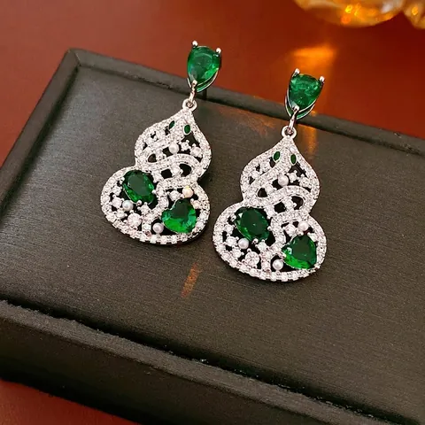 Hollow Gourd Drop Earrings With Green Zircon Artificial Pearl Copper Silver Earring Post Chinese Style Vintage Luxury For Women