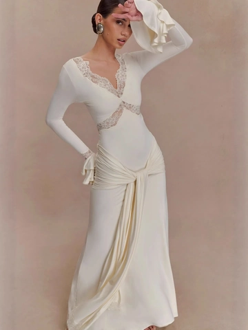 Women's Lace Stitching Maxi Dress V-Neck Flare Sleeve Elegant Slim Fit Waist Draped Polyester White