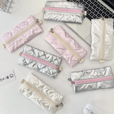 Quilted Heart Bow Pencil Case Metallic PU Leather Large Capacity Stationery Storage Bag With Flower Zipper Pull For Students