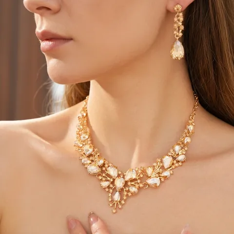 Elegante Gioielli Collana E Orecchini Con Strass A Forma V Goccia Lega Vintage Palazzo Per Matrimonio E Festa Da Donna