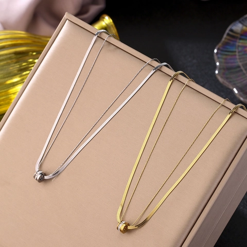 Minimalist Titanium Steel Double Layer Snake Chain Necklace Exquisite Rhinestone Cylinder Pendant Gold Silver Jewelry For Women