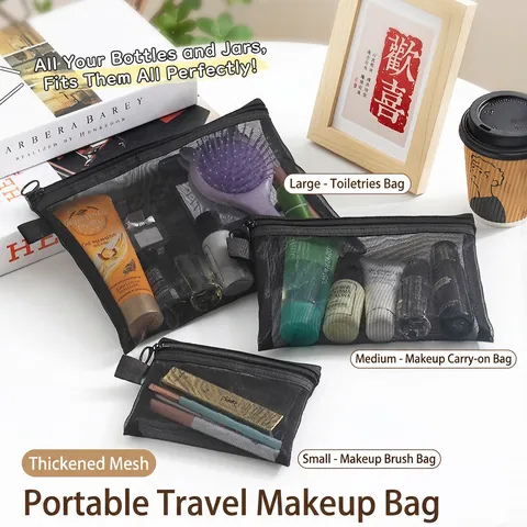 Mesh Makeup Bag Nylon Transparent Zipper Portable Travel Toiletry Organizer Stationery Pencil Pouch Women Students