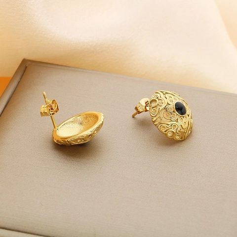 Pendientes De Botón Redondos Vintage De Acero Inoxidable 316L Con Patrón De Relieve Y Piedra Negra Hipoalergénicos