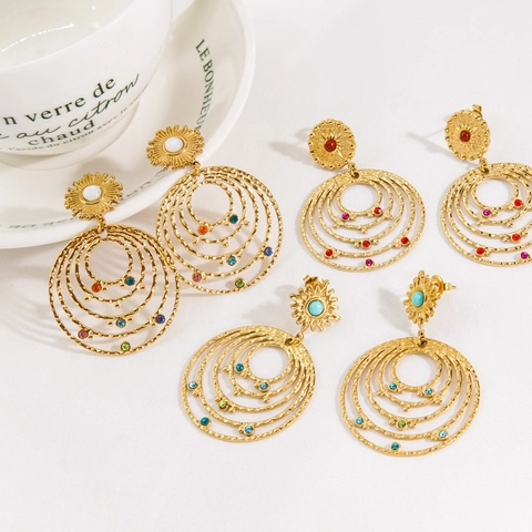 Boucles D'oreilles Créoles Rondes Multicouches Bohémiennes Acier Inoxydable Plaqué Or Pierre Naturelle Zircon Bijoux Rétro Pour Femmes
