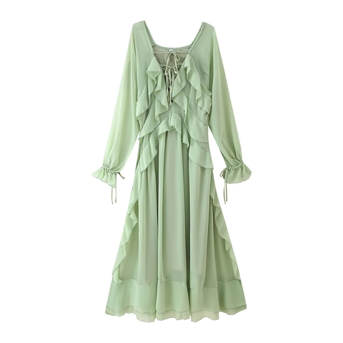 Women V Neck Long Sleeve Chiffon Maxi Dress Layered Ruffle Solid Color Elegant Spring Flowy Gown Drawstring Cuffs