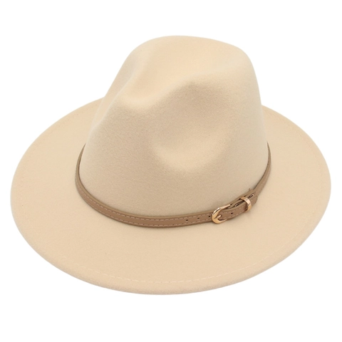 Classic Fedora Hat Wool Felt Wide Brim Jazz Cap Vintage Solid Color With Leather Belt Metal Buckle For Men Women