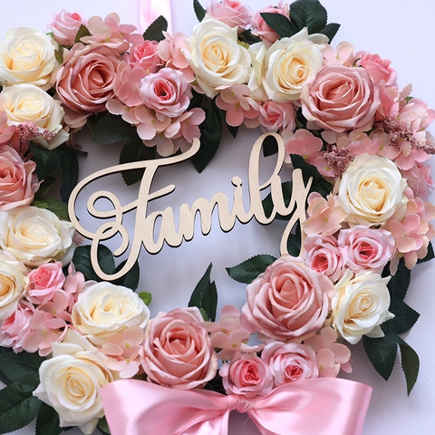 Heart Shaped Artificial Rose Wreath With Wooden Letter Sign And Satin Ribbon For Wedding Romantic Home Party Wall Decor