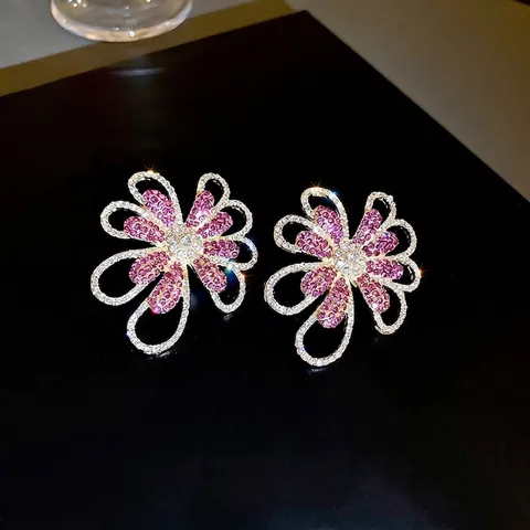 Floral Stud Earrings Alloy Sparkling Rhinestone Oversized Hollow Flower With 925 Sterling Silver Earring Post For Women