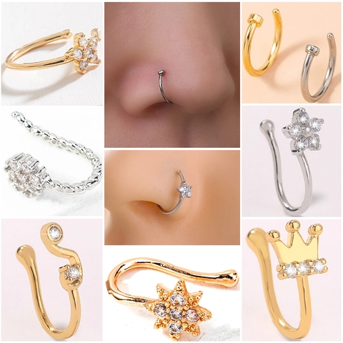 Aro de Nariz Falso de Cobre con Circonia Clip Flor Estrella Corona Sin Perforación en Forma de U Joyería de Nariz para Mujer