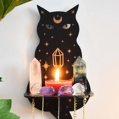 Mensola a Muro in Legno Gatto Lupo Espositore per Cristalli Motivo Mistico Luna Stella Scaffale Galleggiante Nero Decorazioni Casa Organizzatore Gioielli Boho