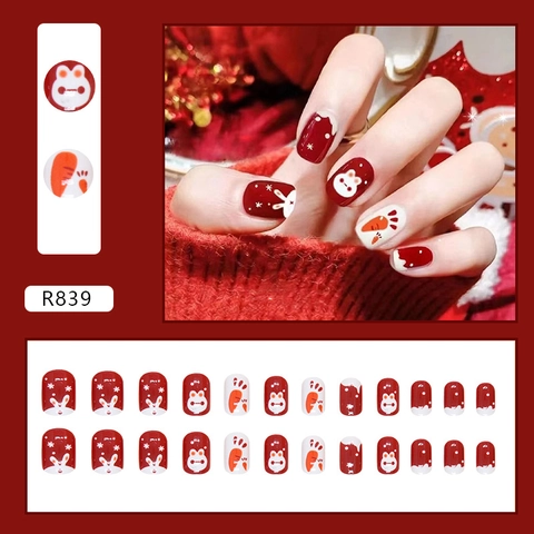 Uñas Postizas De Presión Conejo Zanahoria Cortas Redondas ABS Removibles Rojo Vino Blanco Crema Invierno Festivo Lindas