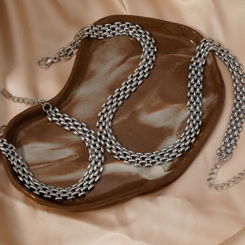 Edelstahl Halskette Und Armband PVD Gold Plattiert Mesh Geflochtene Kette Hip Hop Trendy Schmuck Wasserdicht Anlauffrei