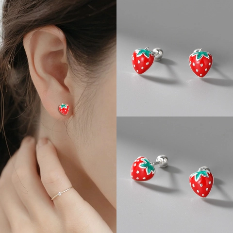 S999 Fine Silver Cute Strawberry Stud Earrings Pastoral Style Sweet Fruit Ear Bone Jewelry Gift For Women
