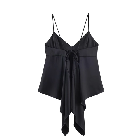 Women Satin Camisole Top Asymmetrical Hem Spaghetti Strap V Neck Sexy Backless Lace Up Solid Color Streetwear