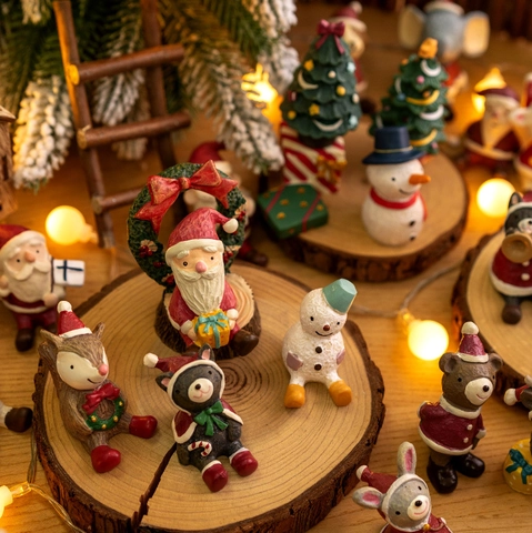 Mini Resin Christmas Figurines Santa Claus Snowman Reindeer Animals Statues For Home Desktop Decoration Xmas Party Gift