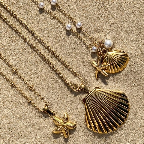 Collar Colgante Estrella De Mar Concha Perla Artificial Acero Inoxidable Impermeable Hipoalergénico Joyas De Playa Para Mujeres