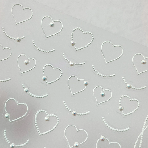 White Artificial Pearl Embossed Nail Art Stickers Heart Curved Line Design Elegant Self Adhesive Relief Manicure Decoration
