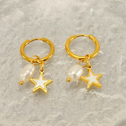 Stern Künstliche Perle Creolen Edelstahl 18K Vergoldet Mode Pendeln Accessoire Für Frauen Eleganter Stil