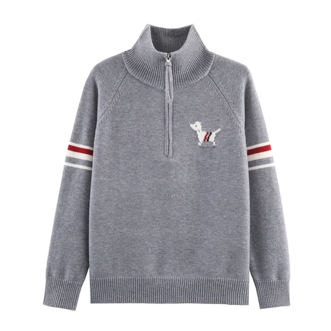 Maglione In Maglia Da Donna Con Collo Con Zip Collo Alto Ricamo Cane Maniche A Righe Pullover Stile Preppy Top Casual
