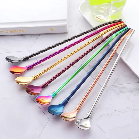 304 Roestvrijstalen Rietje Lepel Lange Steel Spiraal Herbruikbaar Roerrietje Voor Koffie Sap Cocktail