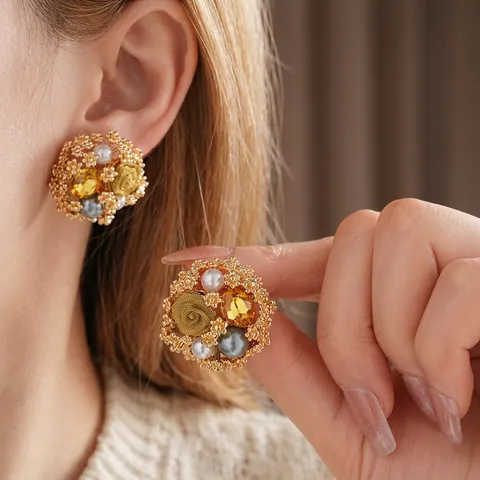 Orecchini A Fiore Vintage Con Perno In Argento Lega Rhinestone E Imitazione Perla Artificial Gioielli Di Lusso Per Donna