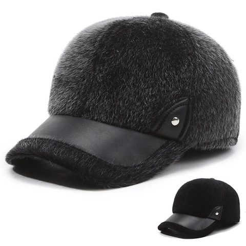 Men Winter Warm Baseball Cap Faux Mink Fur Thickened Outdoor Ear Flaps PU Leather Brim Adjustable