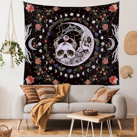 Arazzo Da Parete Gotico Teschio Fasi Lunari Poliestere Telo Appeso Mistico Bohemien Decorazione Floreale Per Camera