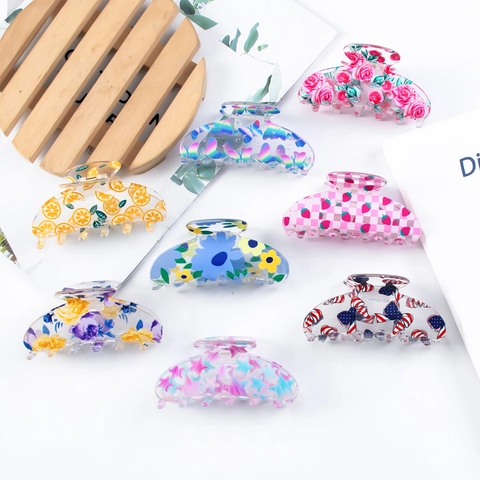 Haarklemmen Acryl Grote Haarklemmen Transparant Bloem Vlinder Aardbei Citroen Print Antislip Haaraccessoires Voor Dames