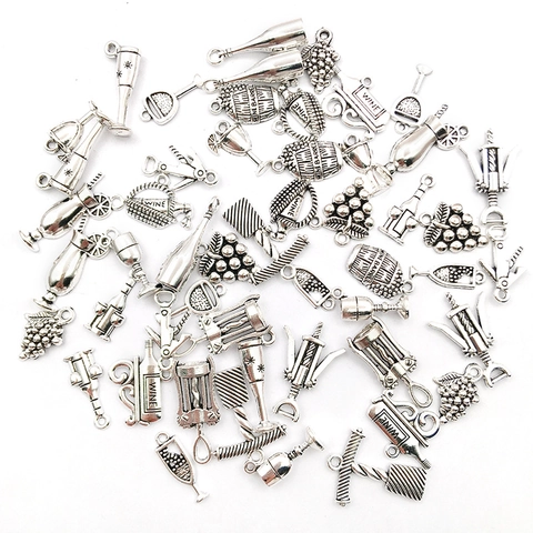 Vintage Antique Silver Alloy Wine Series Charms Wine Bottle Cup Grapes Corkscrew Pendants For DIY Jewelry Making Accessories