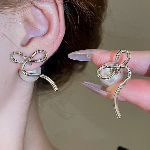 Boucles D'oreilles Nœud Künstliche Perle Bijoux Cuivre Plaqué Or 14K Avec Tige En Argent Sterling 925 Style Français Pour Femmes