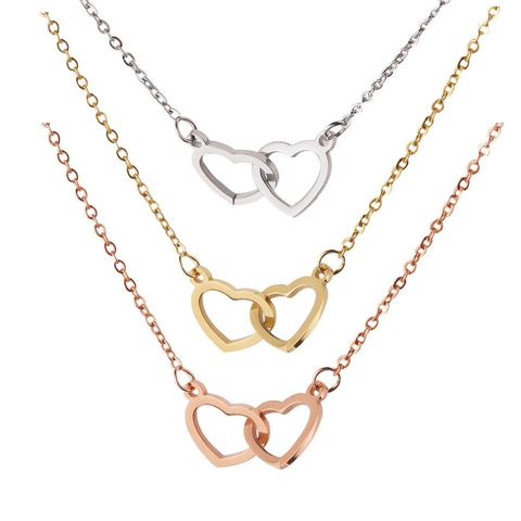 Stainless Steel Interlocking Double Heart Pendant Necklace For Women Men Mirror Polished Clavicle Chain Fashion Jewelry Gift